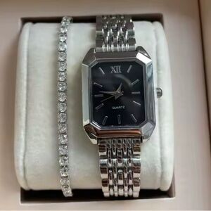 Classic Silver Black Quartz Watch&Bracelet Set— Black Dial & Linked Bracelet